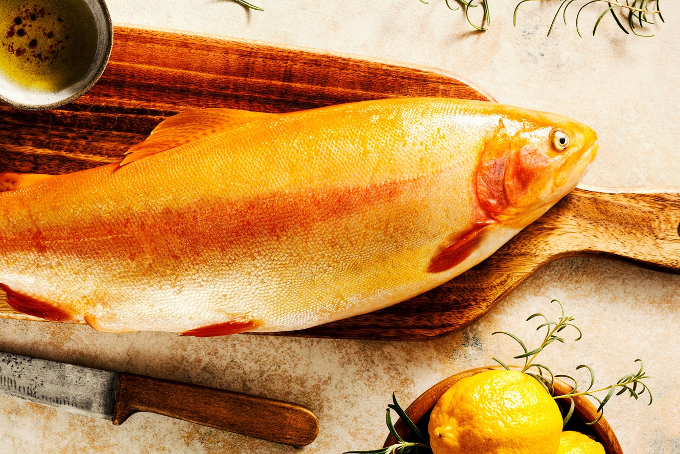 Goldforelle, Huchen, Regenbogenforelle und viele weitere leckere Fische in BQR Qualität erwarten Sie Fisch auf einem Schneidebrett neben Zitronen und einer Schale mit Kräutern